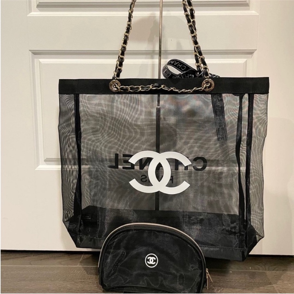 Chanel gift mesh tote and cosmetic bag